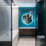 white blue bathroom design with mirrors