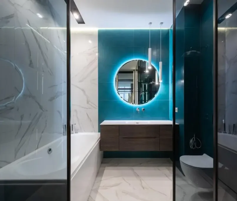 white blue bathroom design with mirrors