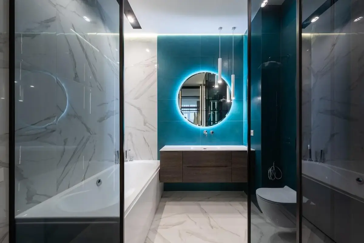 white blue bathroom design with mirrors