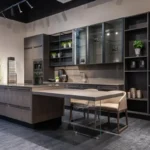 black grey modern kitchen with large island