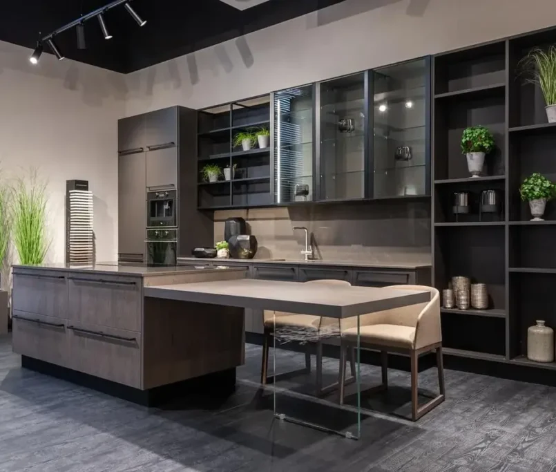 black grey modern kitchen with large island