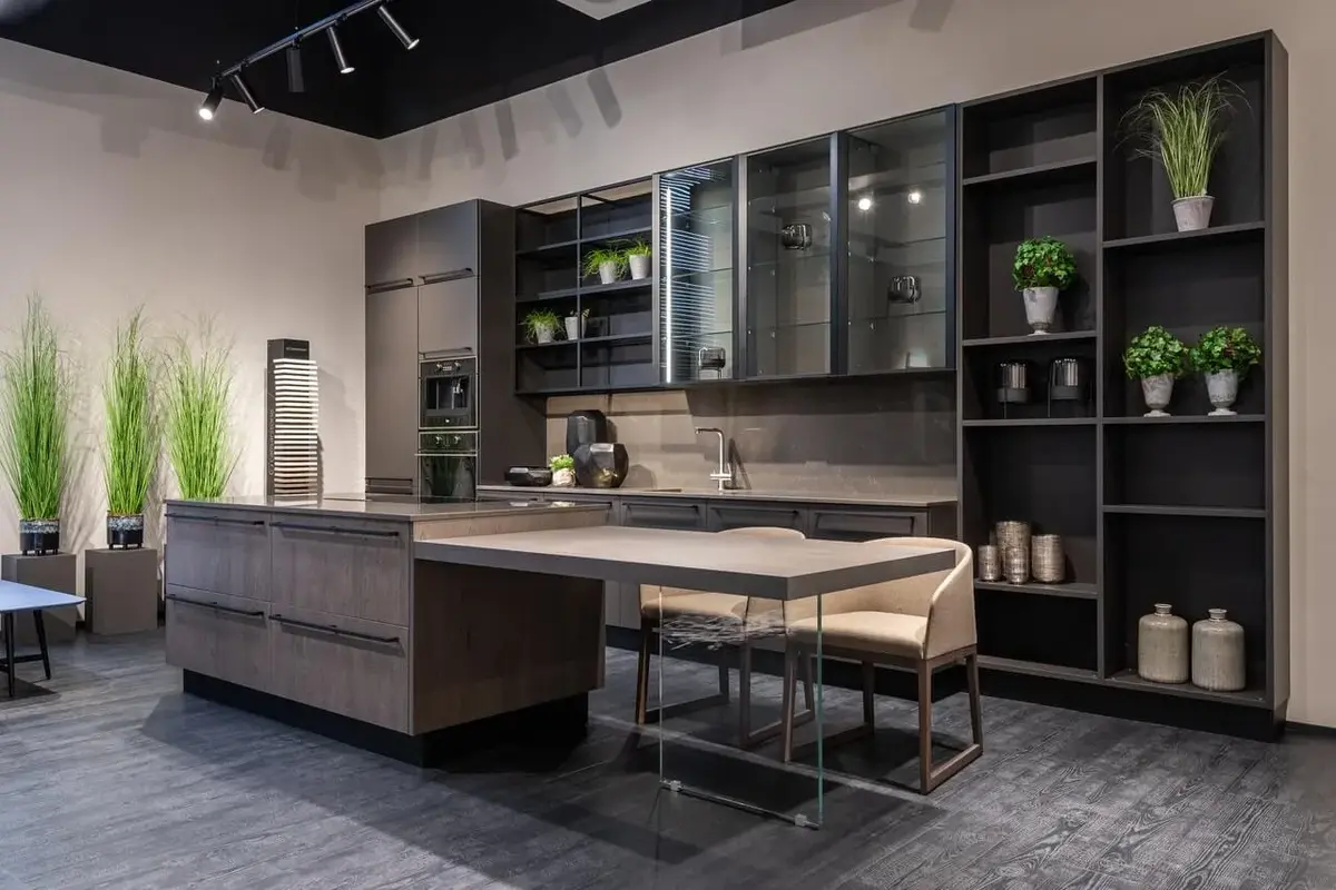 black grey modern kitchen with large island