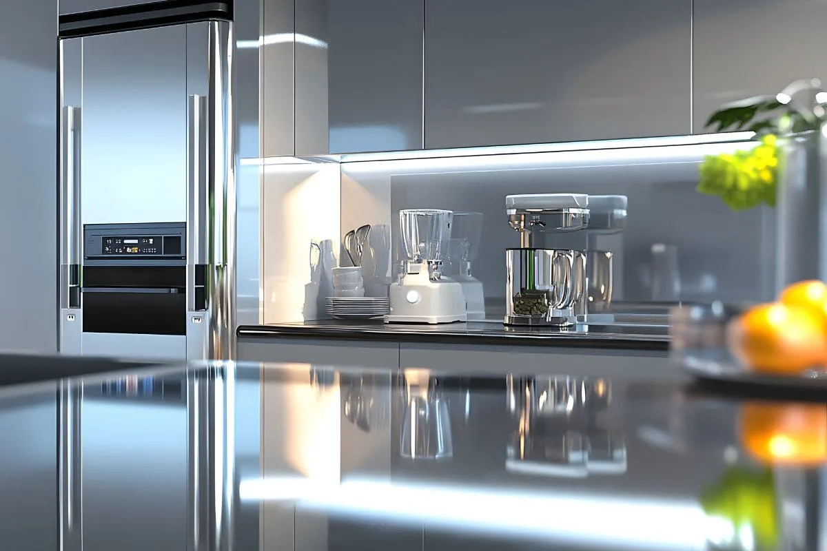 kitchen decorated with reflective materials