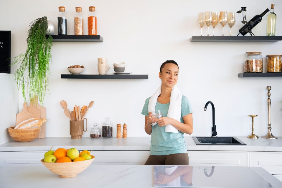 small kitchen with open shelves