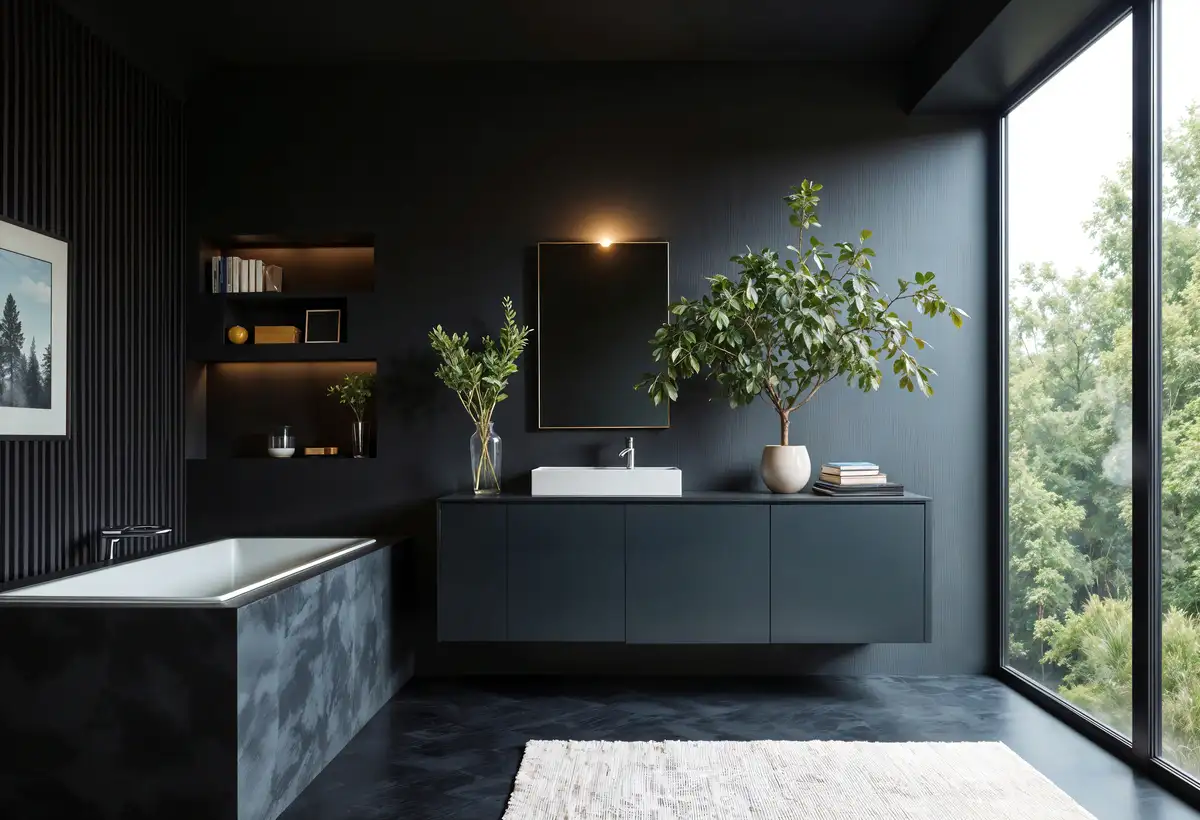 bathroom with black and grey tones