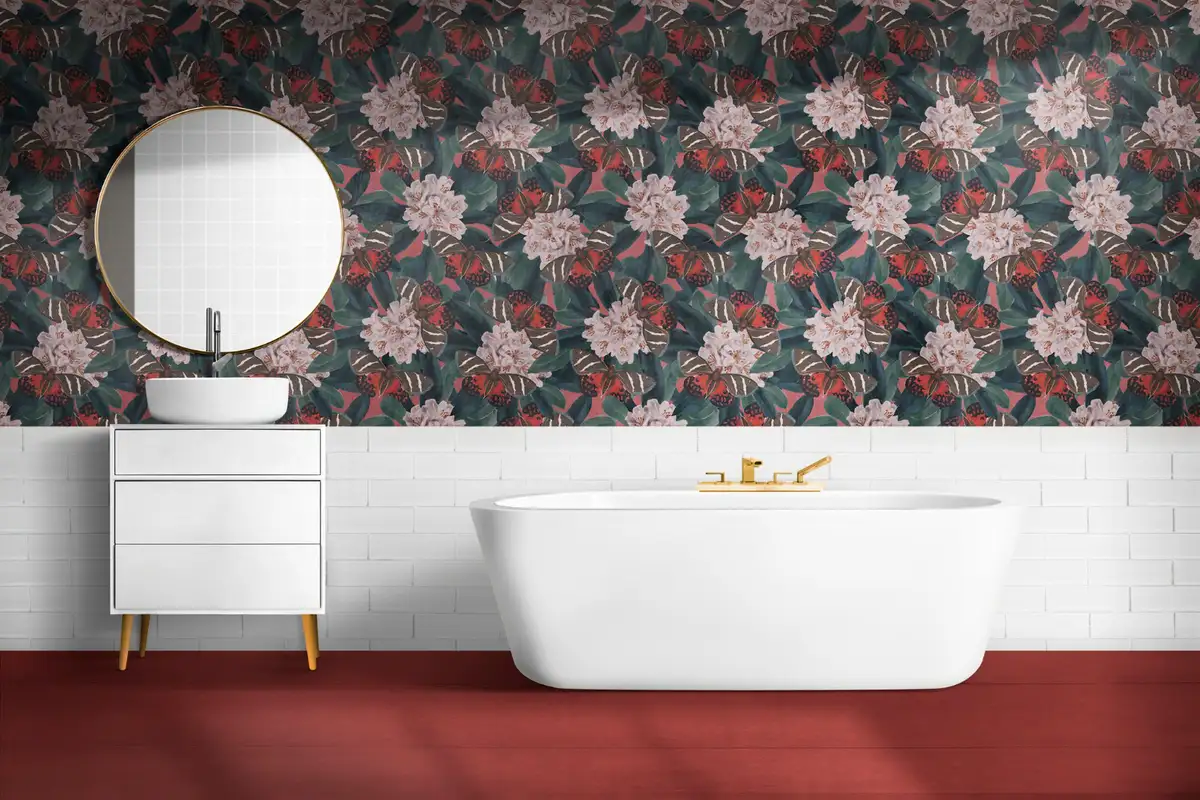 bathroom with red walpaper