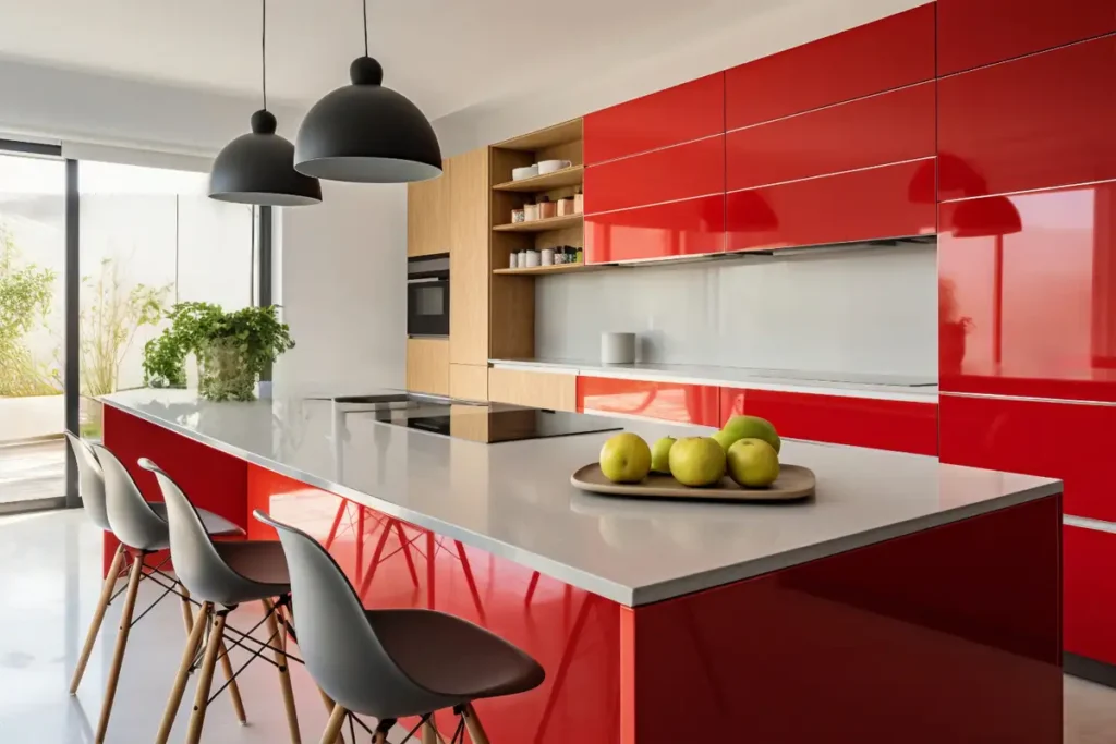 kitchen with an large red island