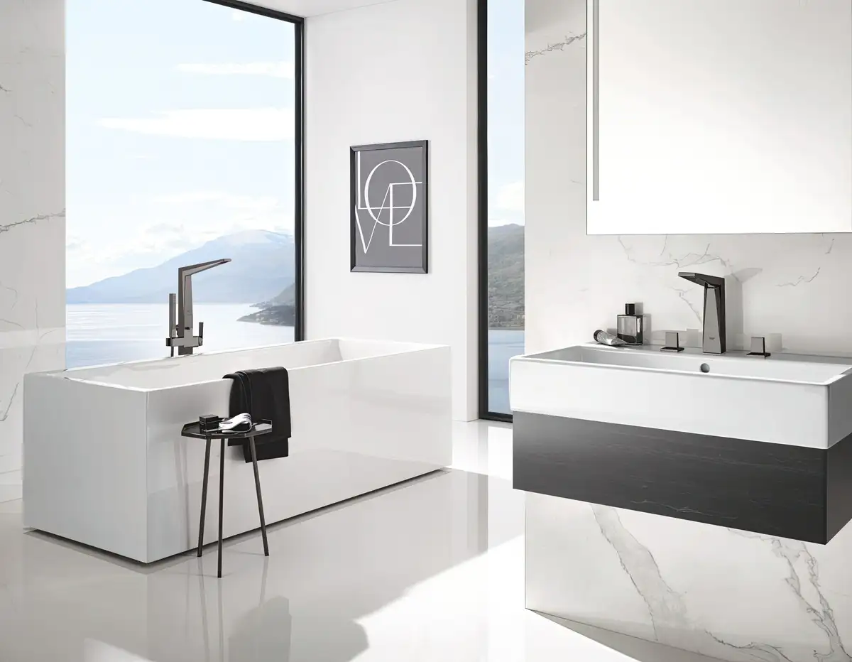 minimalist bathroom design with white bathtube