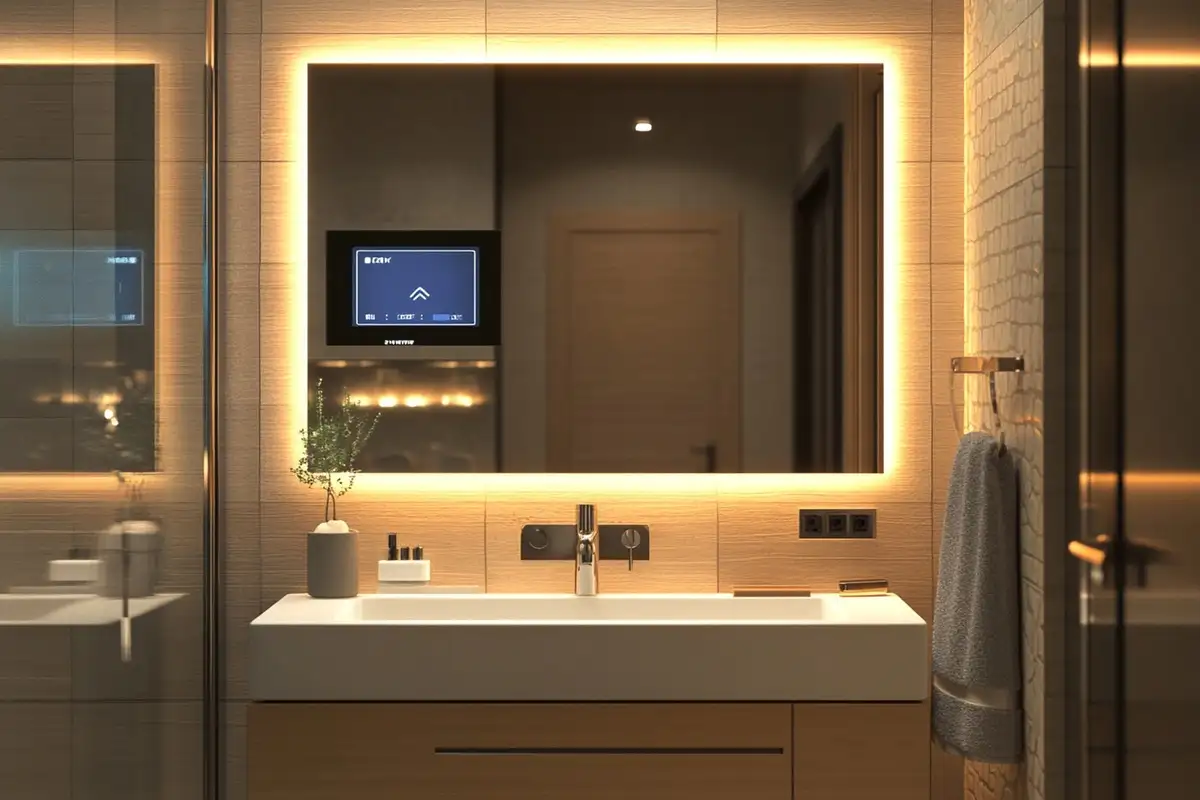 modern smart mirror with led light in bathroom