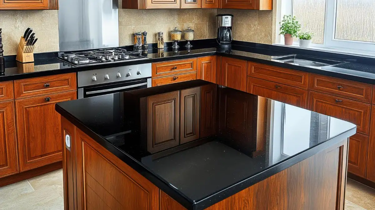 Black vinyl kitchen countertop over valnut cabinets