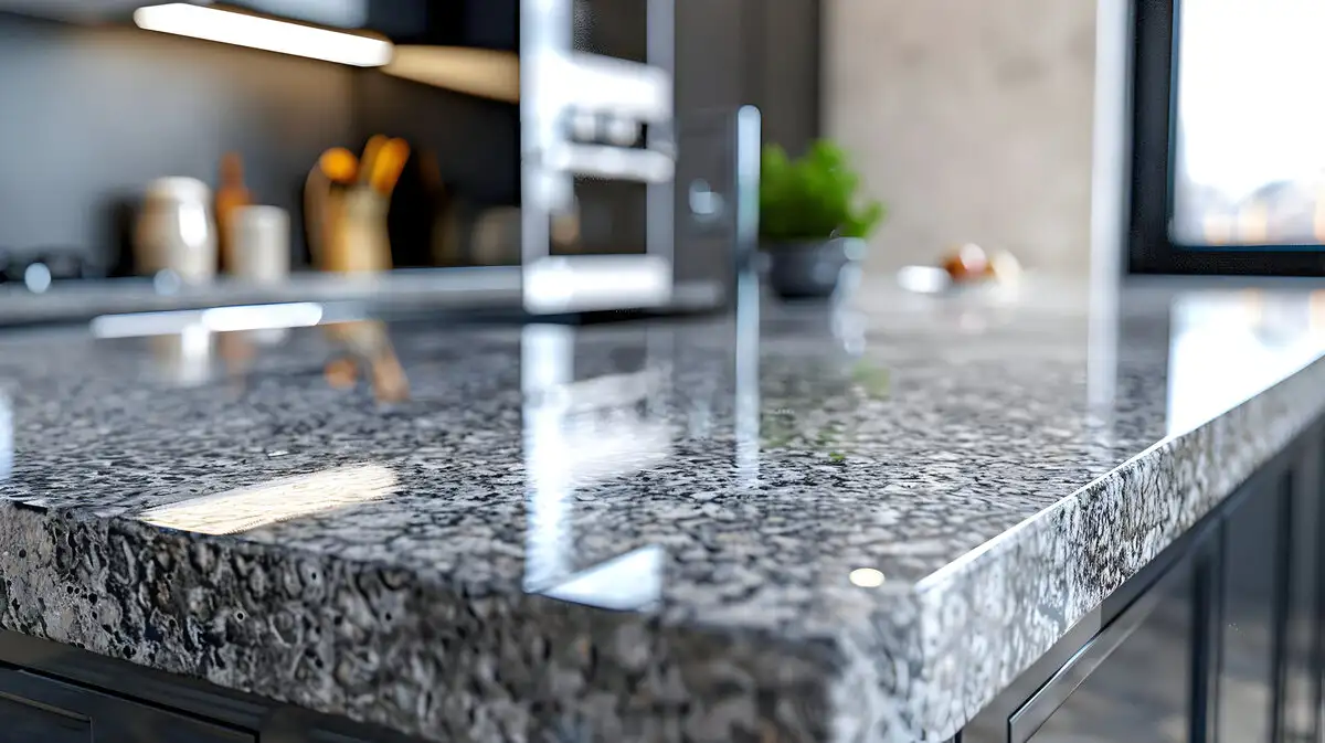 Close up grey speckled glass ceramic countertop