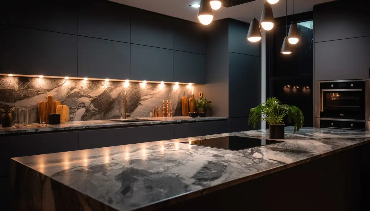 Luxury kitchen with soapstone black countertop