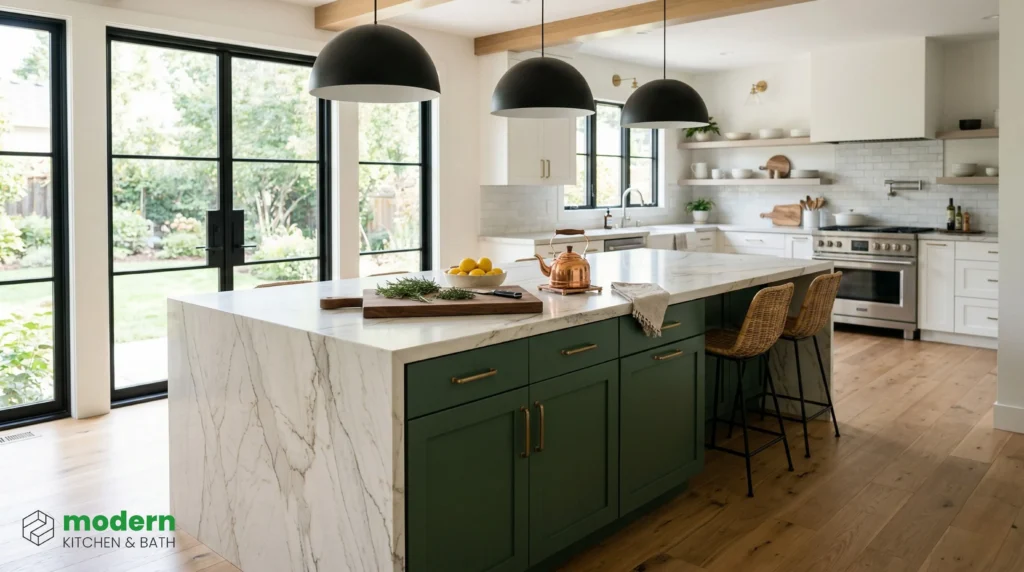 
modern-kitchen-island-waterfall-edge-green-cabinets-2026