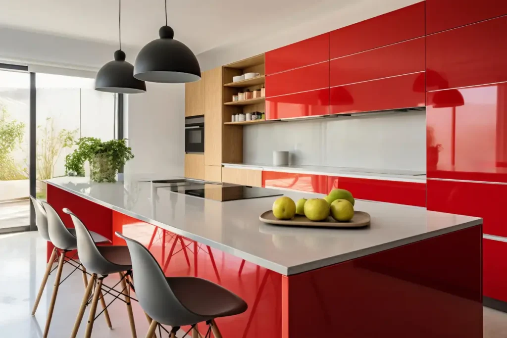 red kitchen layout with colorful island