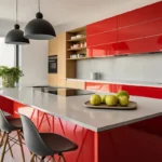 red kitchen layout with colorful island