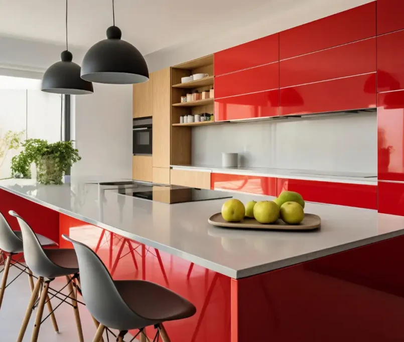 red kitchen layout with colorful island