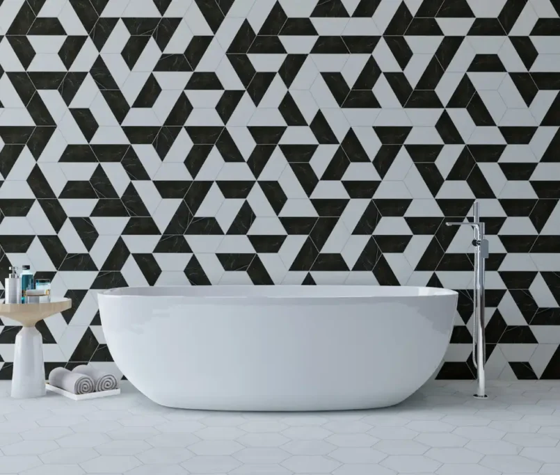 black white geometric bathroom tiles