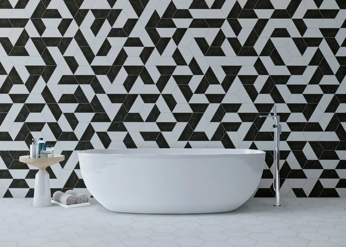 black white geometric bathroom tiles