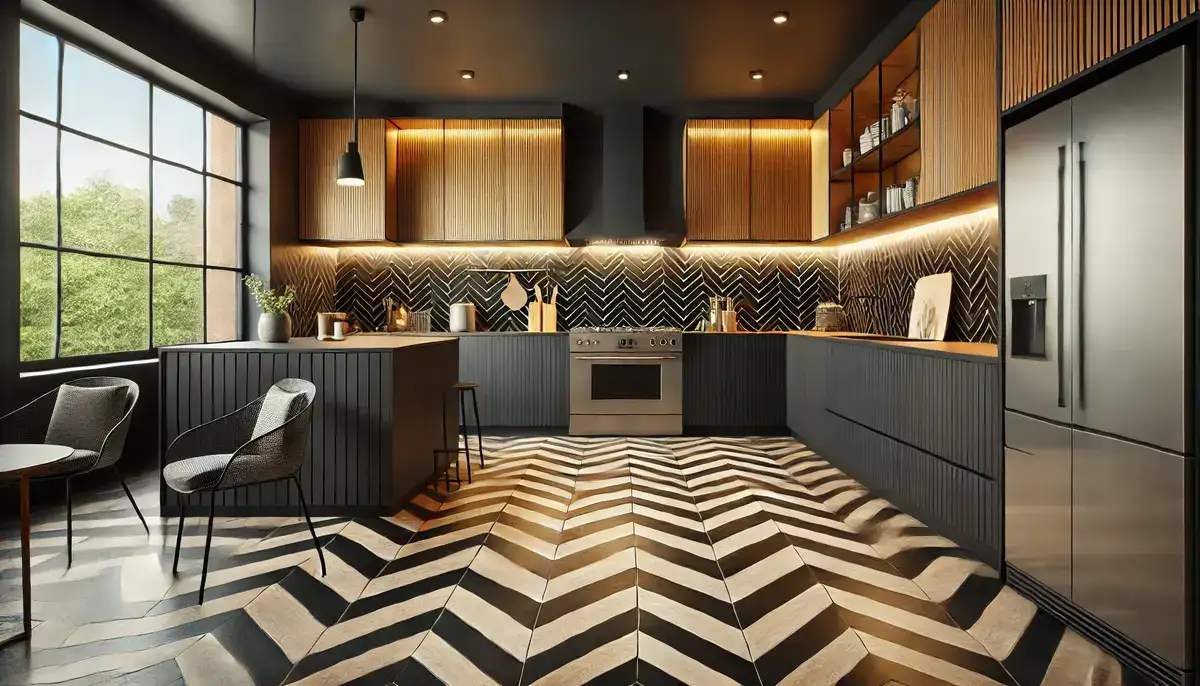 kitchen floor with zigzag patterned black tiles