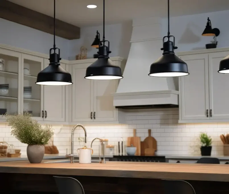 Multilayered Lighting is used in kitchen to make it look bigger