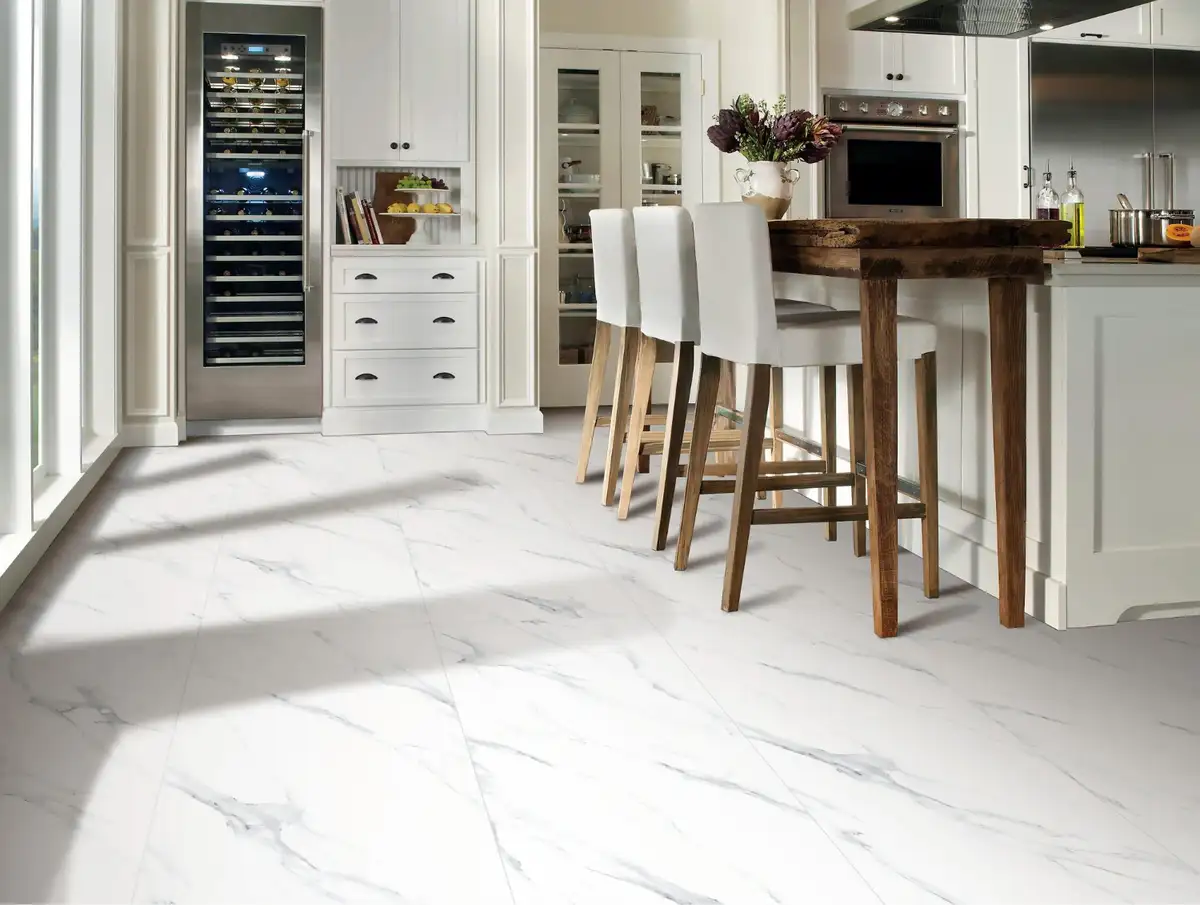 rustic kitchen with white marble tile pattern