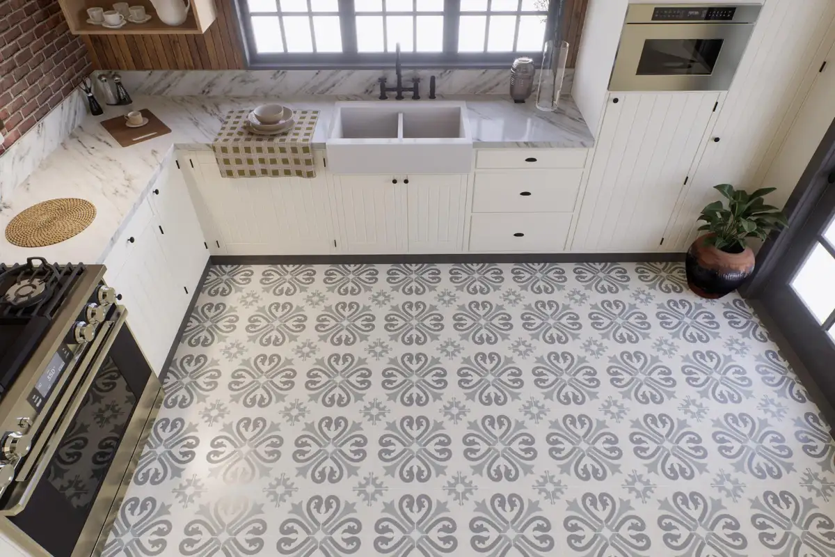 vintage kitchen with boho design floor tiles