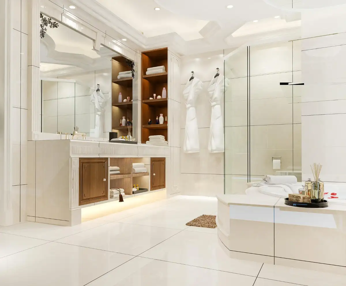 white bathroom designed by stone drenching tiles