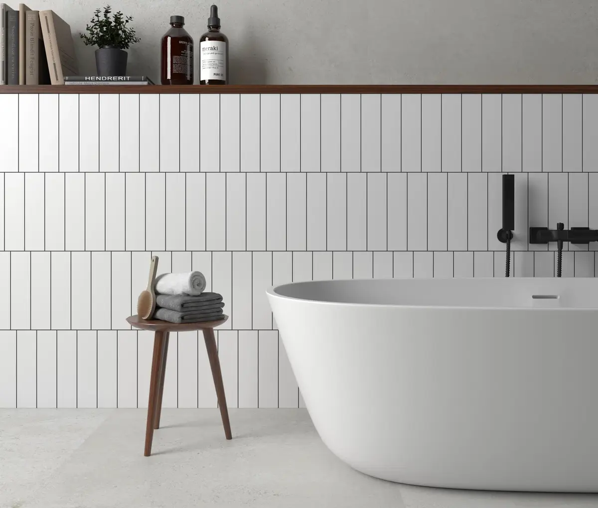 white bathroom with vertical subway tiles