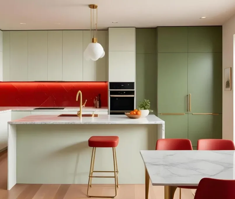 apple green and cherry red color kitchen