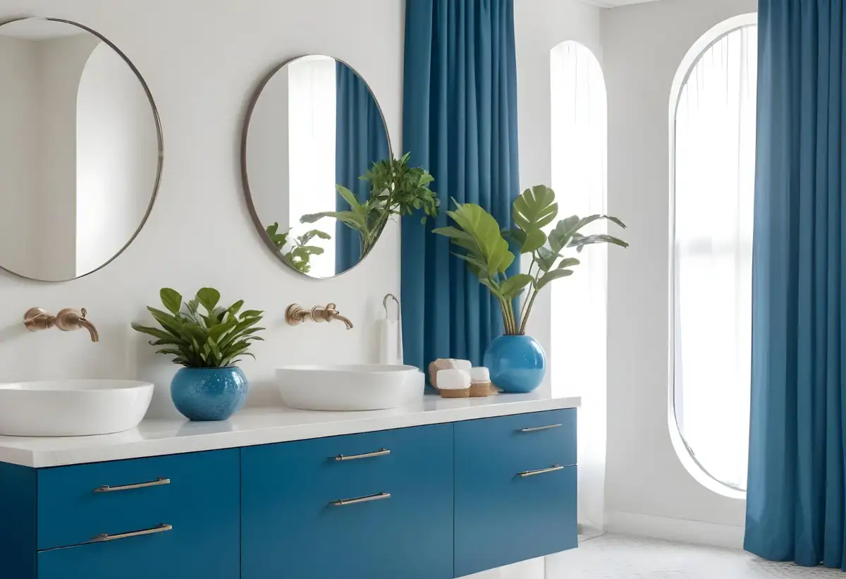 bathroom designed with blue and white colors