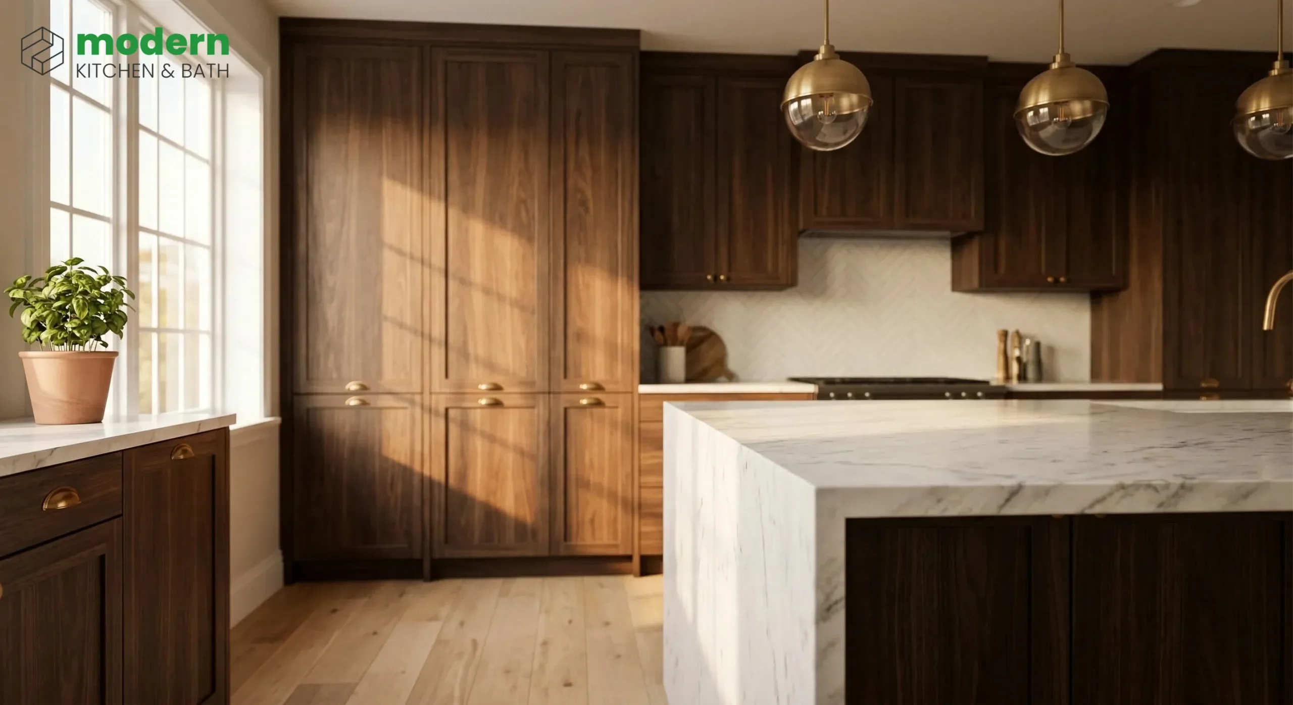 Dark walnut kitchen cabinets with matte finish, brushed brass cup pulls, white marble waterfall island, herringbone backsplash, and brass globe pendant lights — 2026 modern kitchen cabinet trends