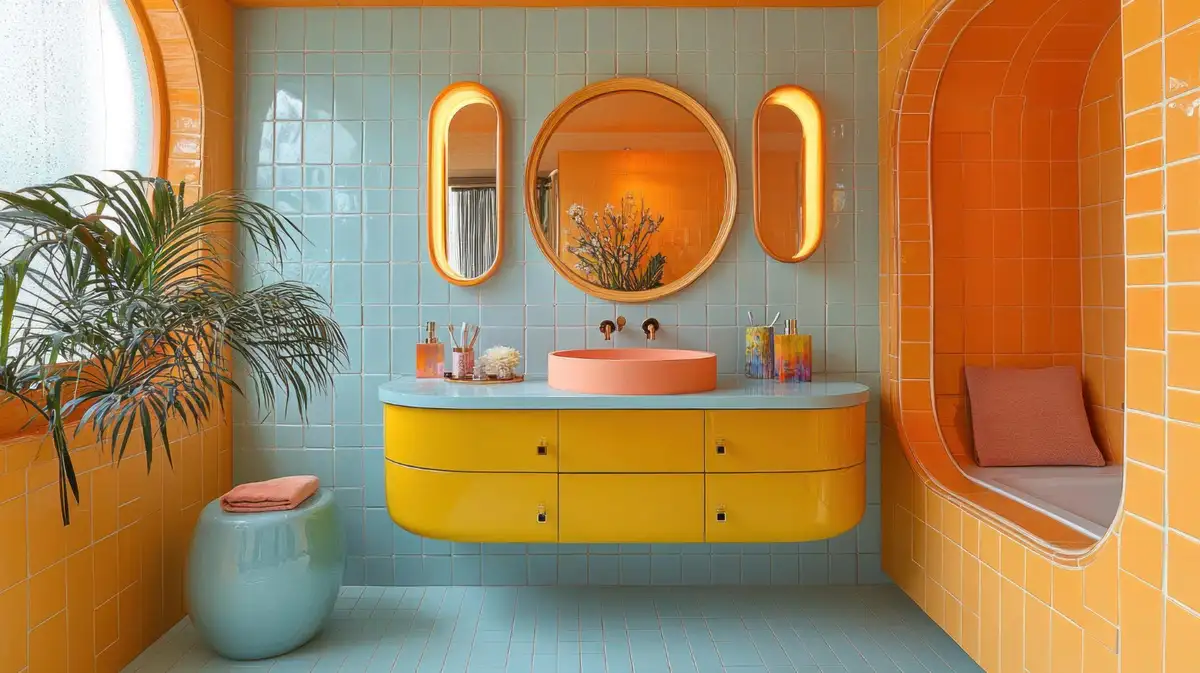 navy blue orange color bathroom design