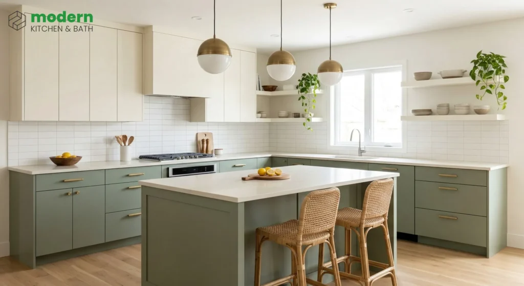 Two-tone kitchen with sage green lower cabinets and creamy white slab upper cabinets, brushed brass bar pulls, white quartz countertop, rattan counter stools, and white subway tile backsplash — 2026 kitchen cabinet color trends