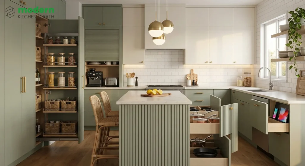 Modern kitchen with sage green pantry cabinet pull-out shelving, appliance garage with espresso machine, fluted island paneling, deep cookware drawers, built-in tablet dock, and under-cabinet LED lighting — smart kitchen cabinet storage 2026