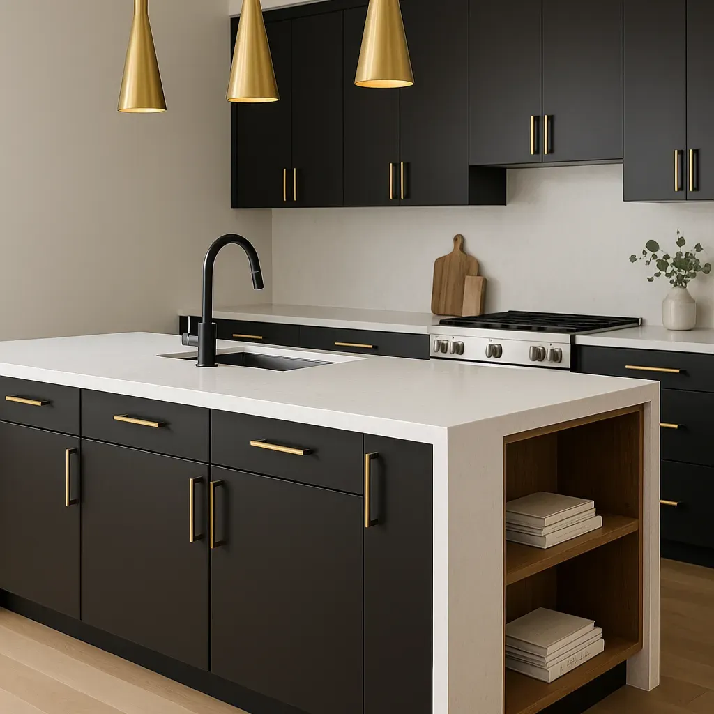 a kitchen with black cabinets and gold pendant lights