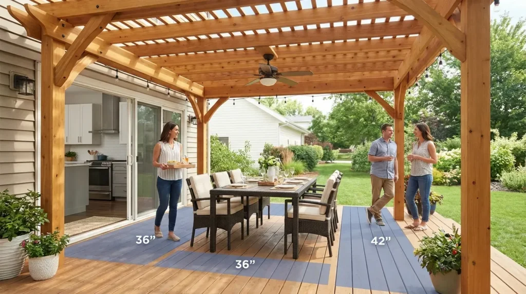 Outdoor dining area with pergola.