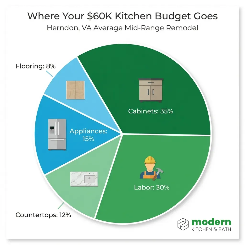Pie chart showing kitchen remodel budget breakdown: Cabinets 35%, Labor 30%, Appliances 15%, Countertops 12%, Flooring 8% for Herndon VA mid-range remodel