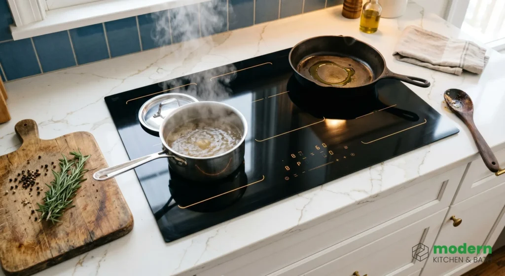 Induction cooktop installation with active stainless steel saucepan and cast iron skillet in a Northern Virginia kitchen remodel by Modern Kitchen and Bath