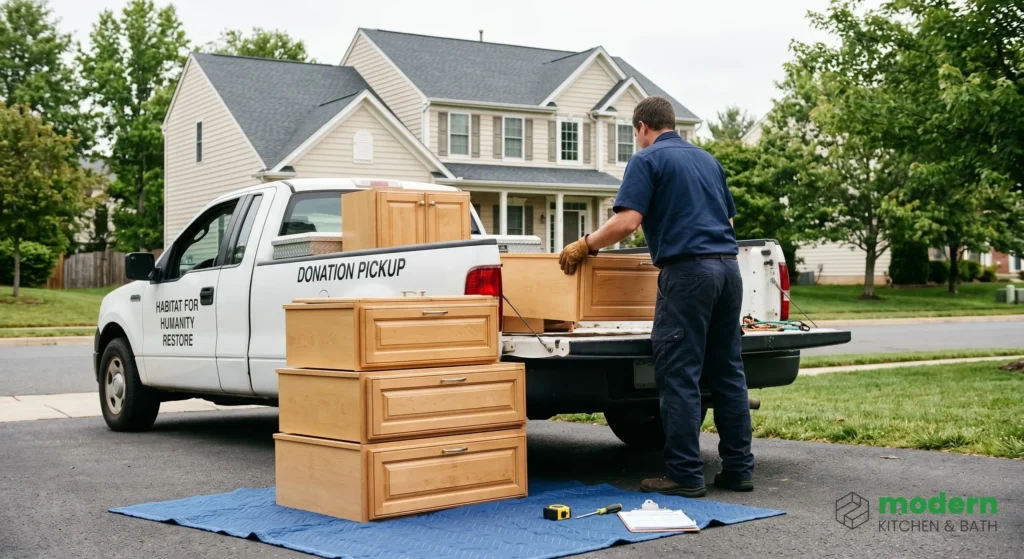 Habitat for Humanity ReStore donation pickup truck loading intact maple kitchen cabinets from a Northern Virginia sustainable remodel by Modern Kitchen and Bath