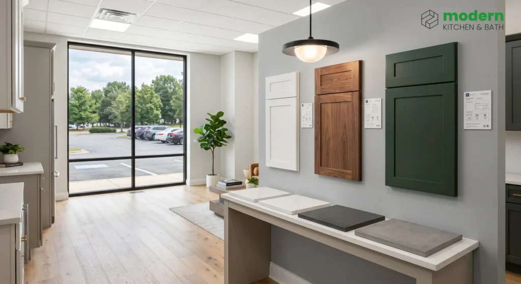 Modern Kitchen and Bath Sterling VA showroom interior featuring white, walnut, and forest green sustainable kitchen cabinet samples with quartz countertop swatches