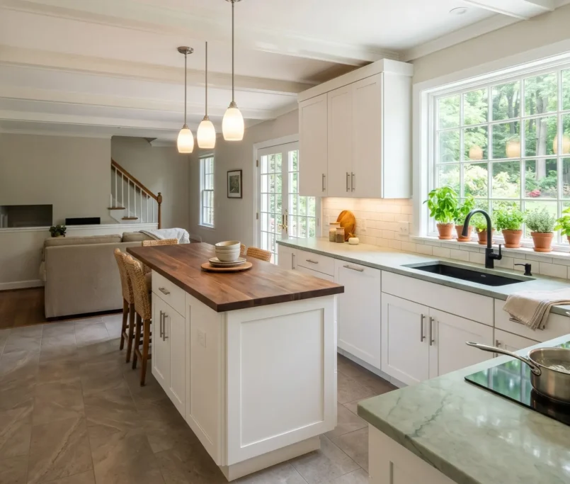 Sustainable kitchen remodel in Northern Virginia featuring white shaker cabinets, butcher block island, green quartz countertop, induction cooktop, and ENERGY STAR appliances by Modern Kitchen and Bath