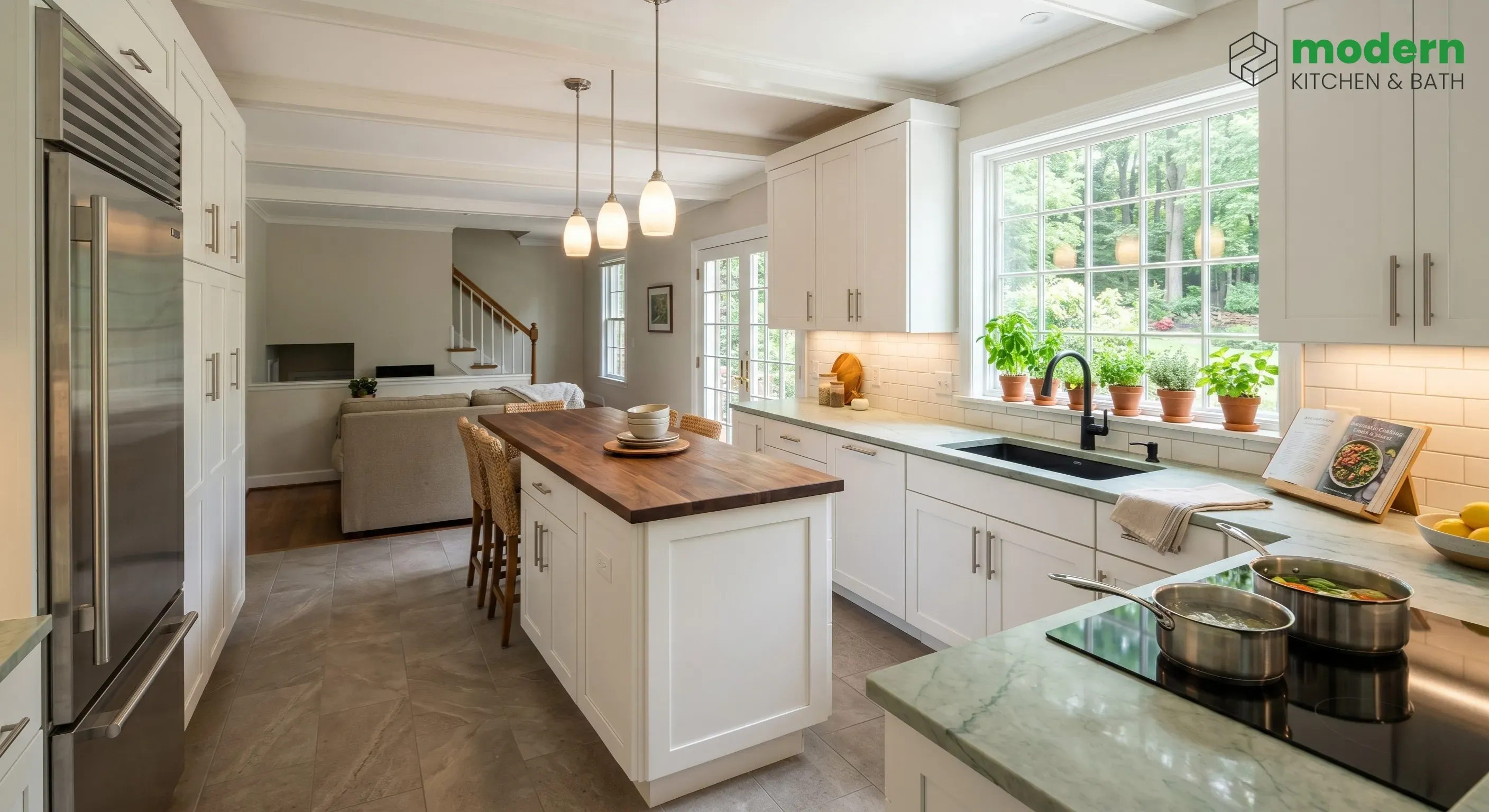 Sustainable kitchen remodel in Northern Virginia featuring white shaker cabinets, butcher block island, green quartz countertop, induction cooktop, and ENERGY STAR appliances by Modern Kitchen and Bath