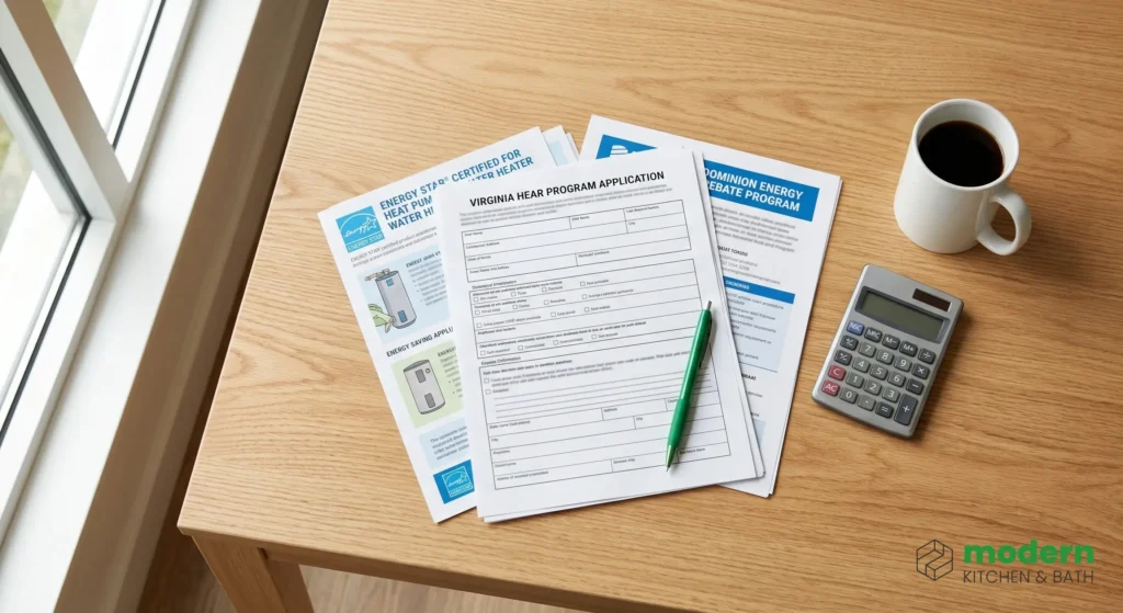 Virginia HEAR program application alongside ENERGY STAR heat pump water heater and Dominion Energy rebate paperwork for a sustainable kitchen remodel by Modern Kitchen and Bath