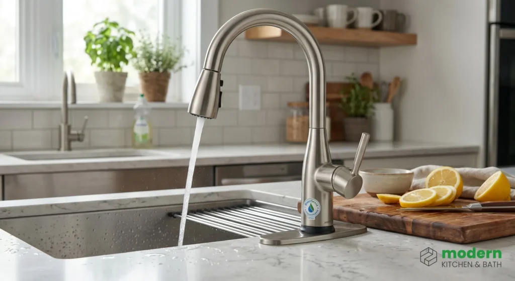 WaterSense certified brushed nickel pull-down kitchen faucet installed on a quartz countertop in a Northern Virginia sustainable kitchen remodel by Modern Kitchen and Bath