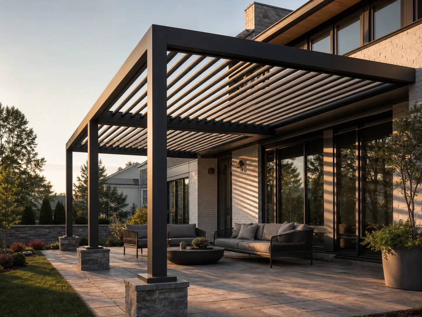 Modern powder-coated aluminum louvered pergola on a Northern Virginia home