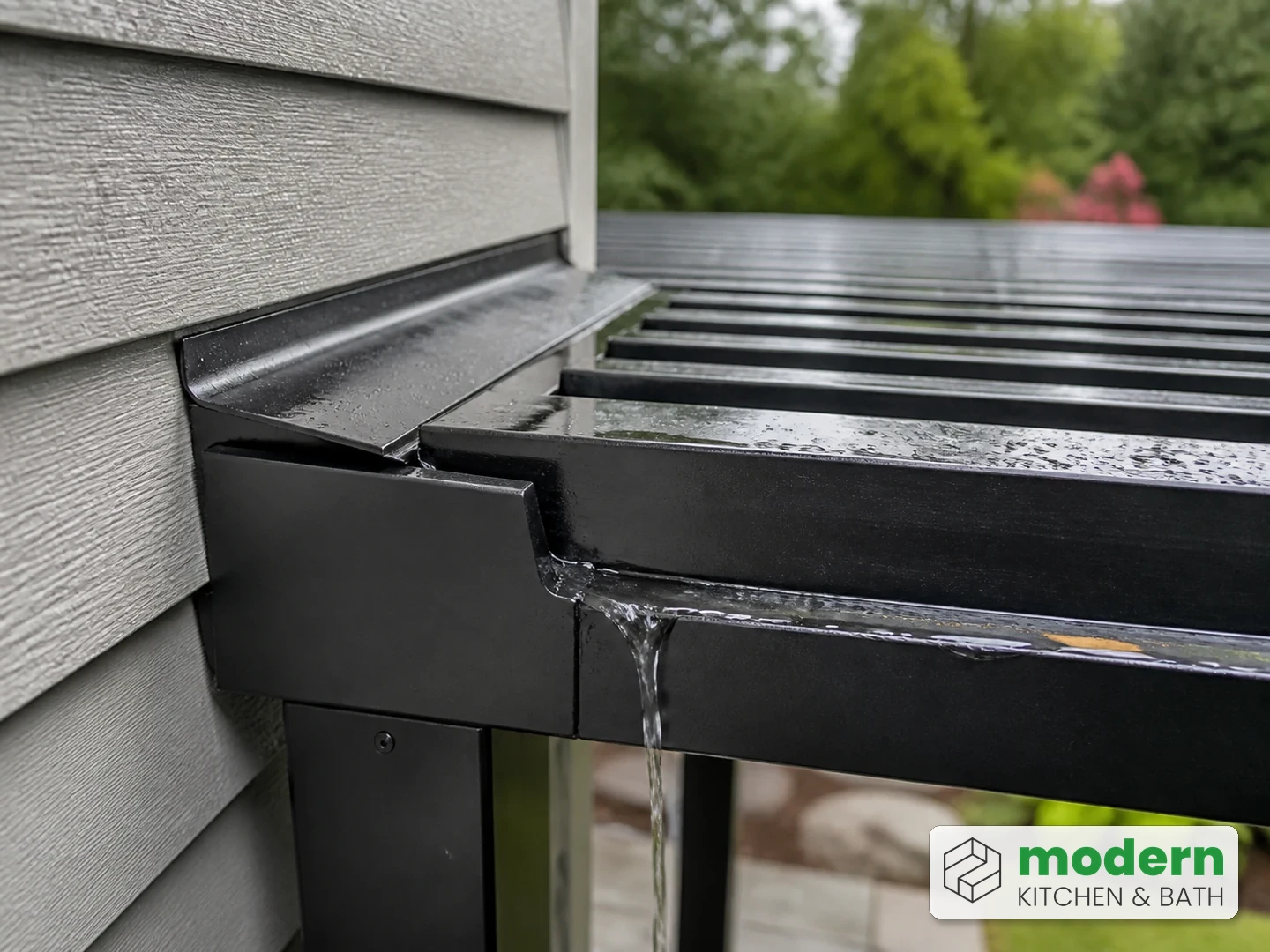 Attached pergola ledger detail with flashing and an in-beam gutter directing water away from the house