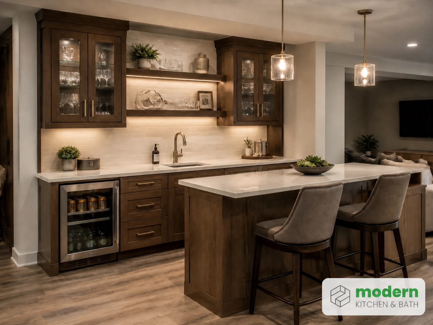 Finished basement wet bar with cabinetry and a stone countertop