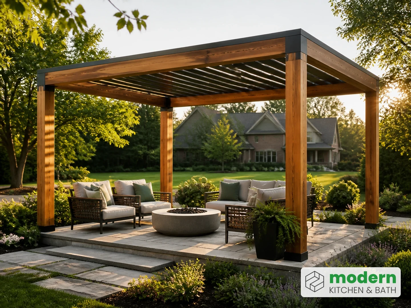 Freestanding pergola set as a destination over a fire-pit seating area in a Northern Virginia backyard