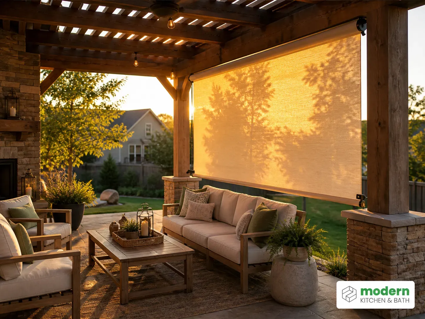 Vertical roll-up side shade lowered on a pergola to block low western afternoon sun
