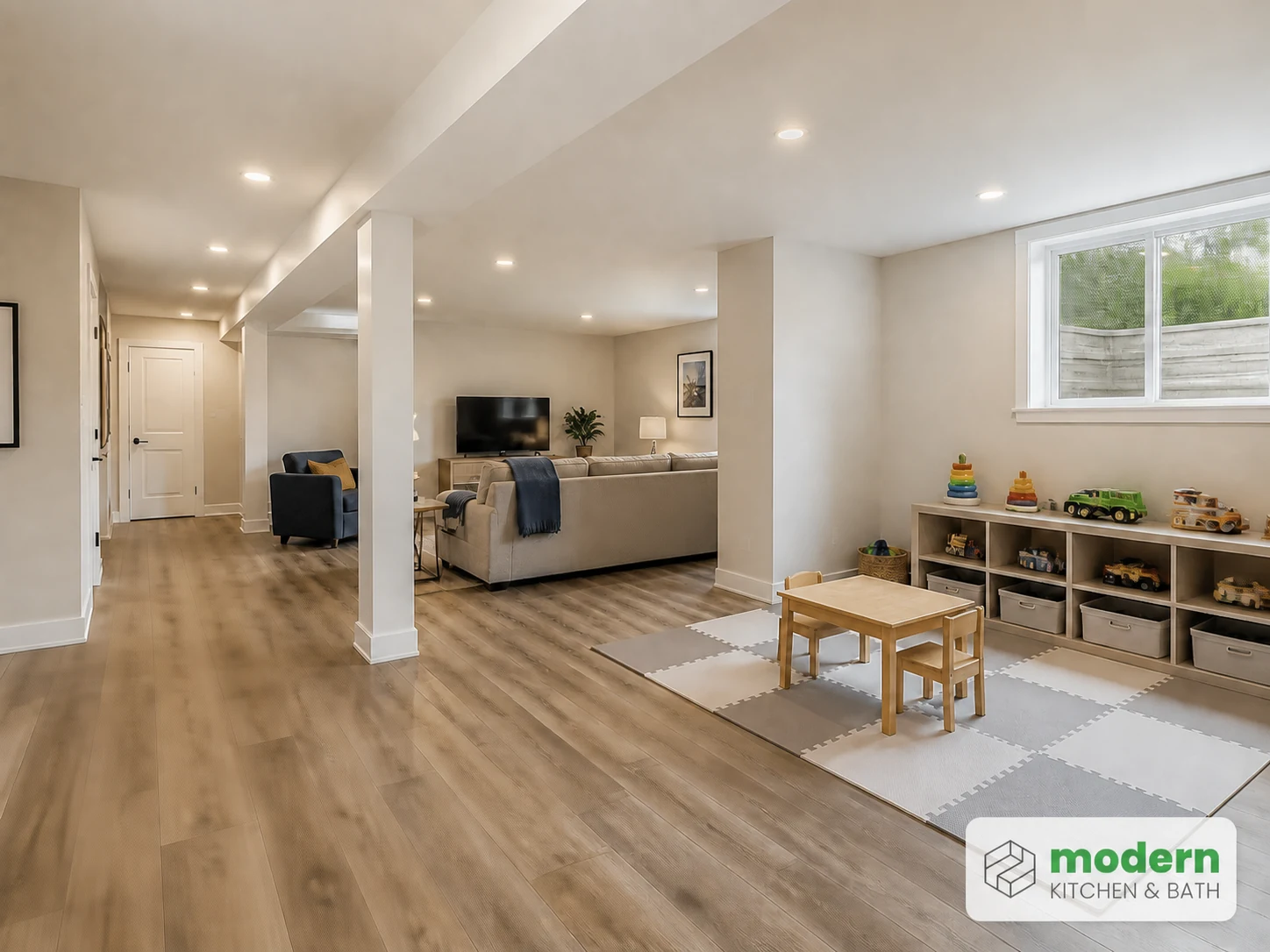Bright open finished basement rec room with luxury vinyl plank flooring in Northern Virginia